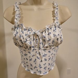 SHEIN White and Blue Floral Ruffle Crop Top